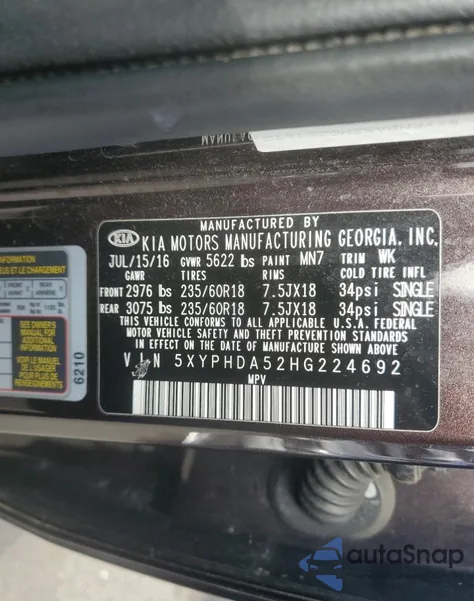 2017 Kia Sorento Ex z USA, uszkodzony, nr VIN 5XYPHDA52HG224692